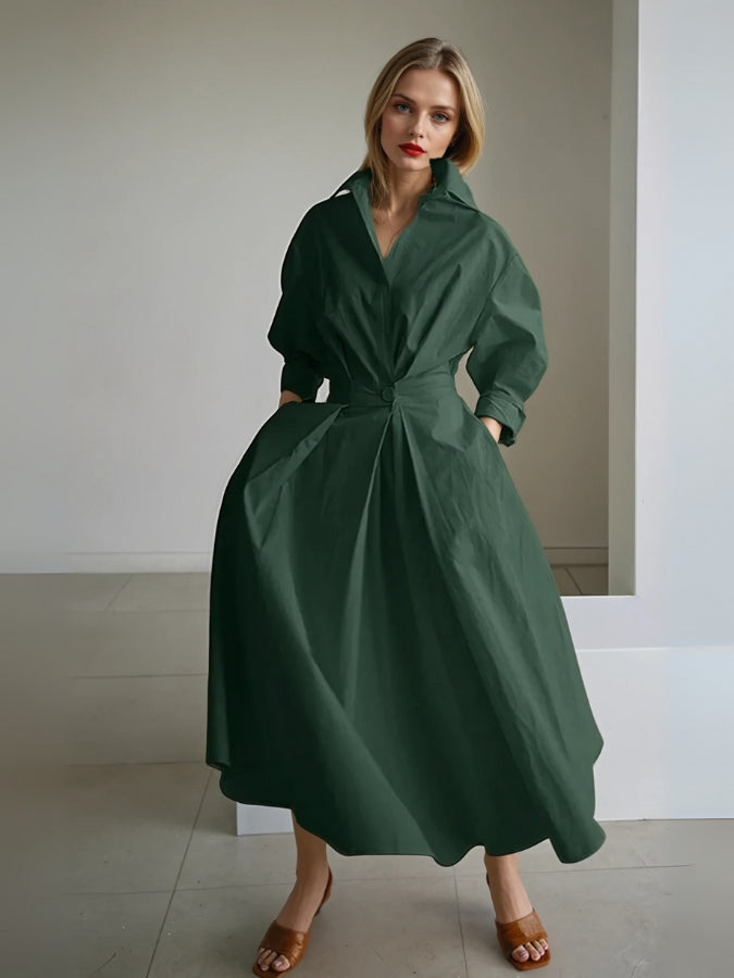 Midi Shirt Dress with Notch Collar, Pleated Skirt, and Three-Quarter Sleeves