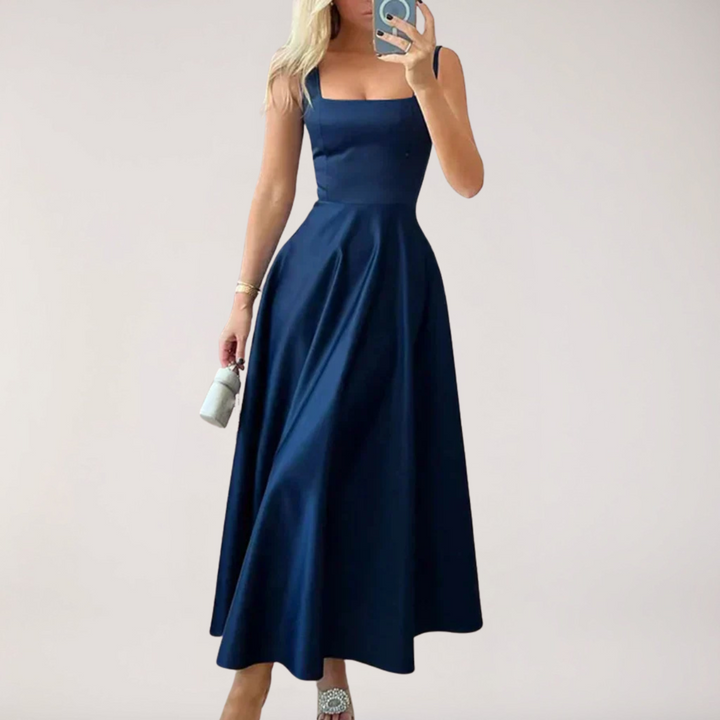 Square-Neck Midi Dress with Wide Straps and Fitted Waist