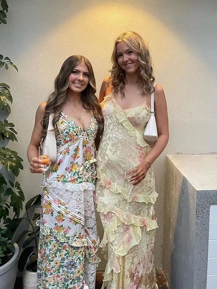 Ruffled Maxi Dress with Spaghetti Straps and V-Neckline