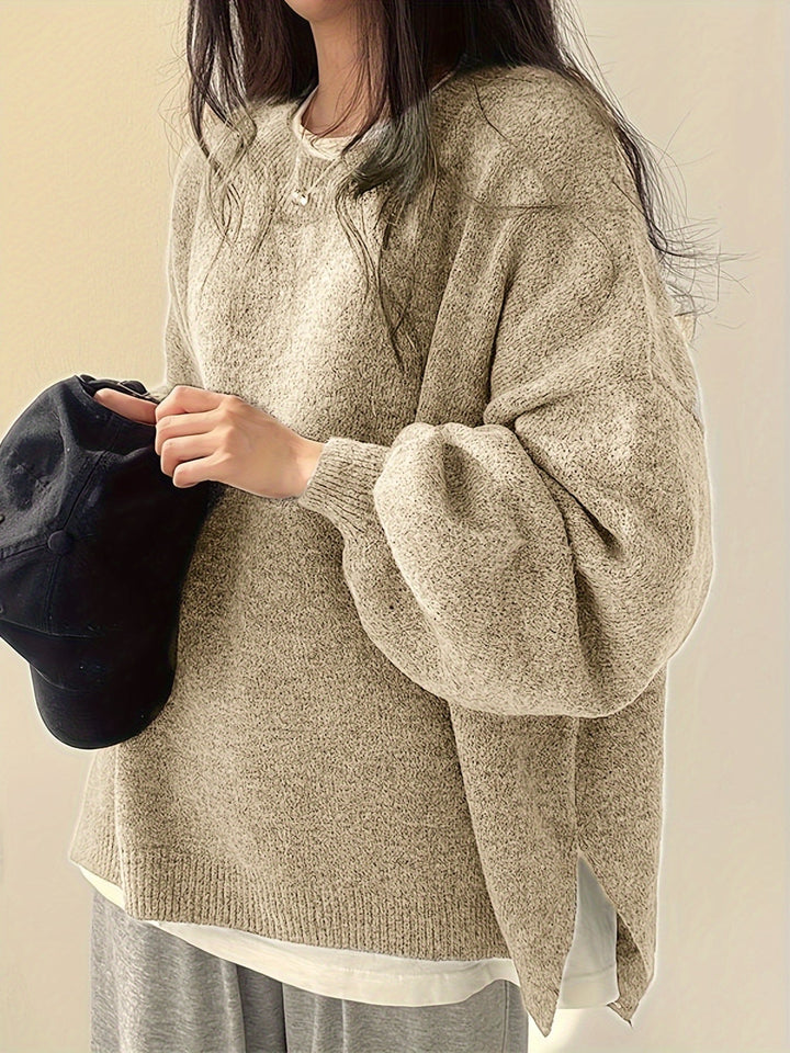 Oversized Knit Sweater with Round Neckline and Ribbed Finishes