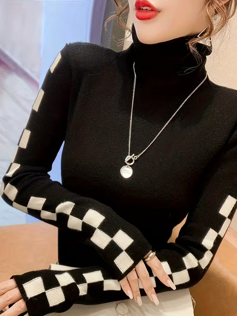Fitted Turtleneck Top with Long Sleeves and Contrast Pattern Details