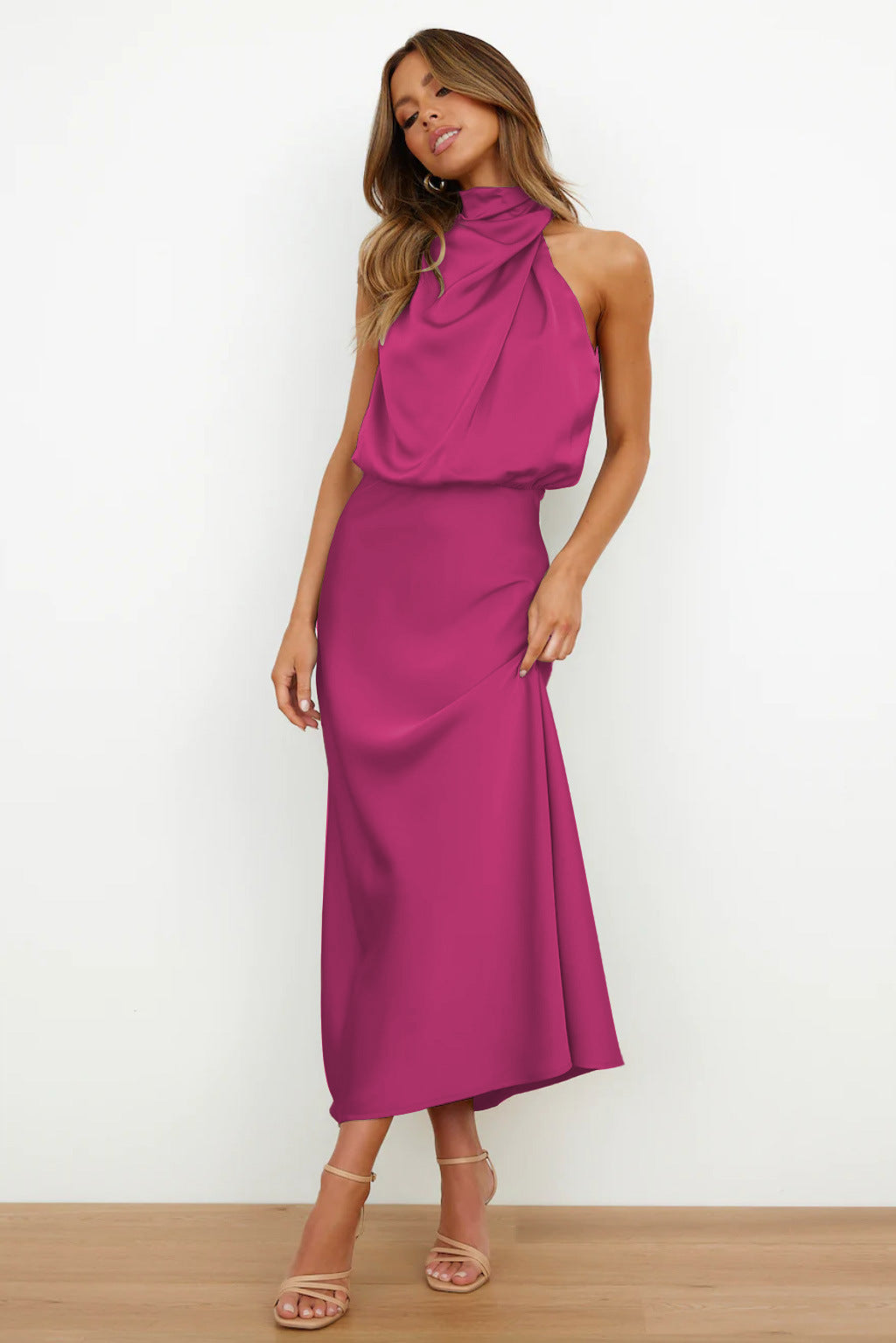 Halter Neck Midi Dress with Draped Cowl Bodice