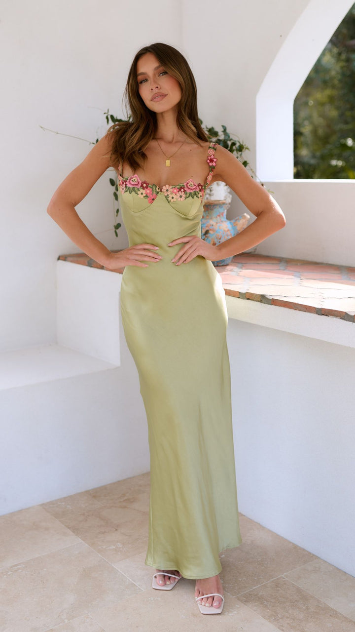 Maxi Slip Dress with Sweetheart Neckline, Adjustable Straps, and Floral Embroidery