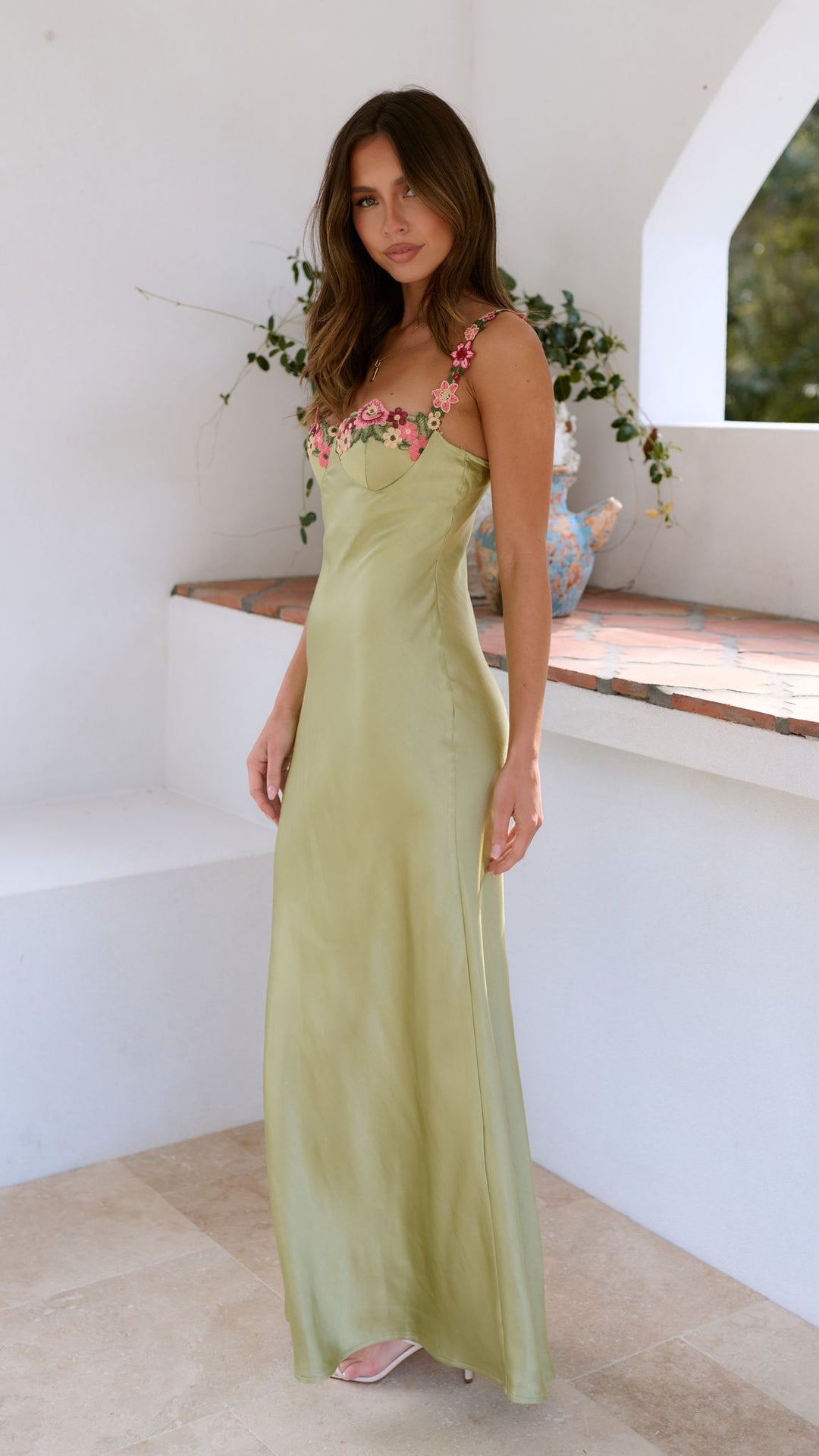 Maxi Slip Dress with Sweetheart Neckline, Adjustable Straps, and Floral Embroidery