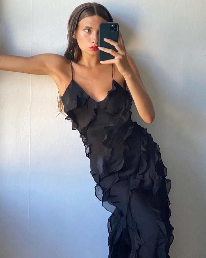Ruffled Maxi Dress with Spaghetti Straps and Low Back Design