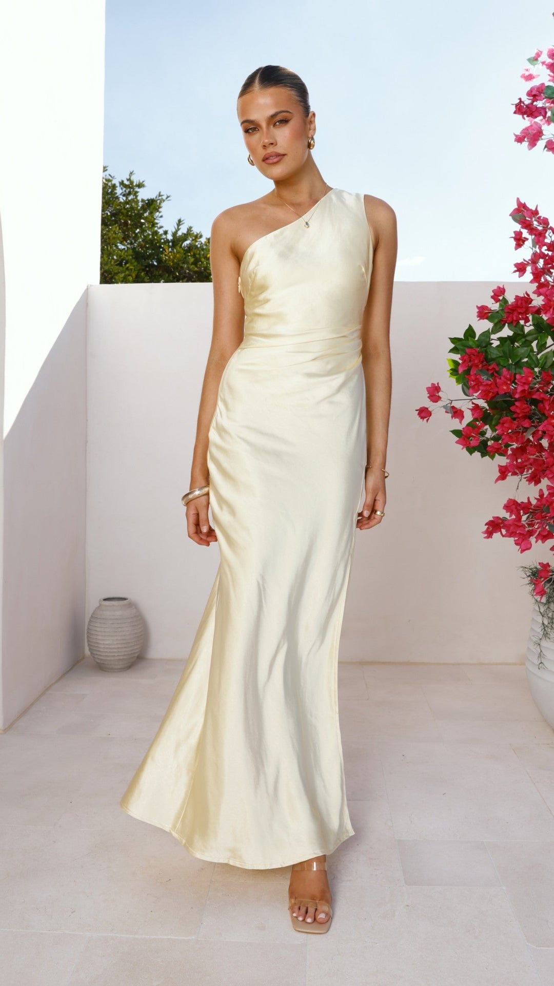 One-Shoulder Maxi Dress with Side Slit and Draped Waist Detail