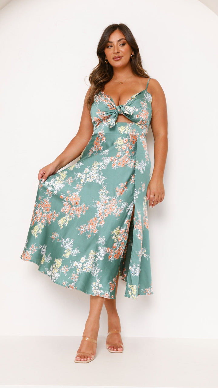 Midi Dress with Spaghetti Straps, V-Neckline and Front Slit