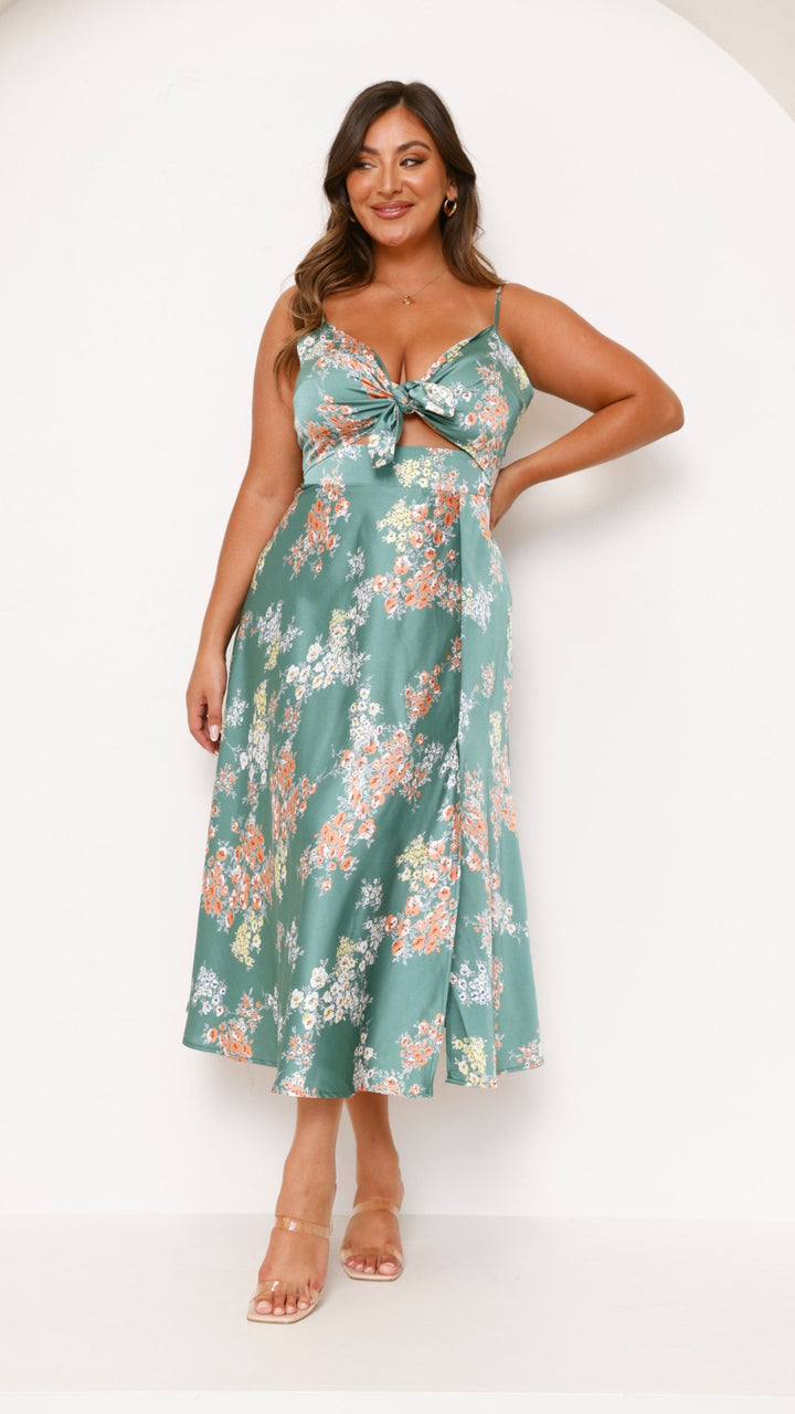 Midi Dress with Spaghetti Straps, V-Neckline and Front Slit