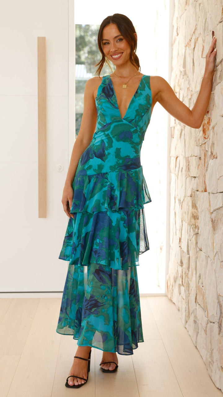 V-Neck Tiered Maxi Dress with Criss-Cross Back