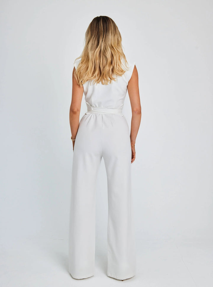 Cap Sleeve Wide Leg Jumpsuit with Mock Neck and Tie Waist