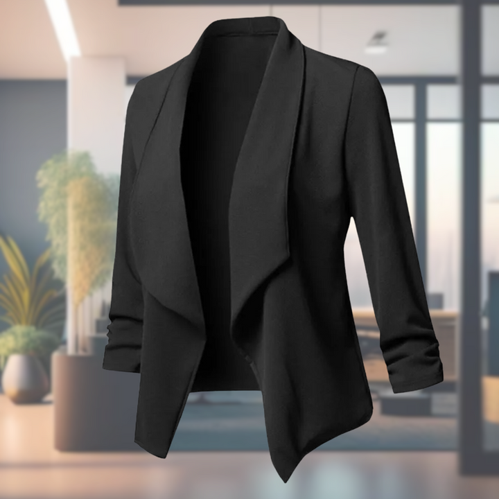 Drape Front Blazer with Open Closure and Ruched Sleeves