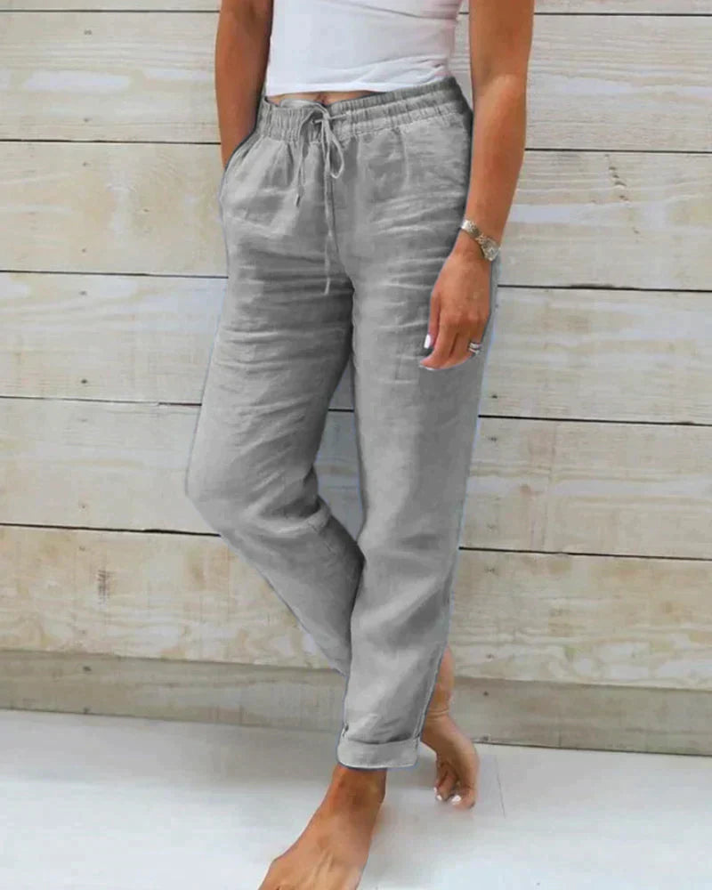 Elastic Waist Trousers with Drawstring Closure and Side Pockets