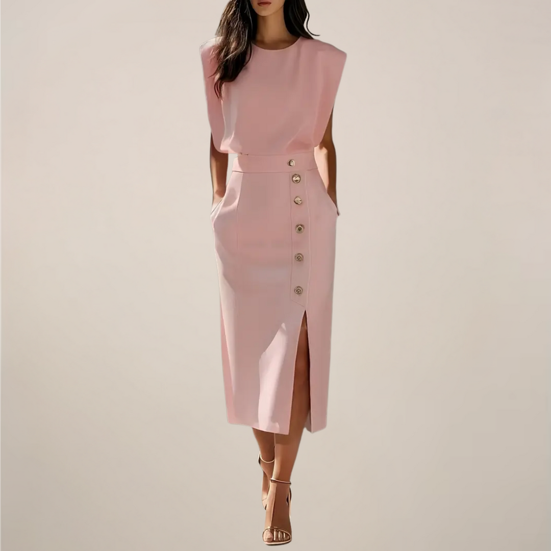 Sleeveless Midi Dress with Button Detail and Front Slit