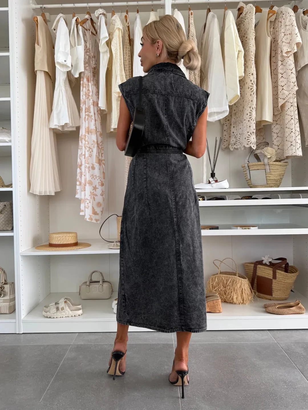 Shirt Collar Midi Dress with Full Button Closure and Tie Waist