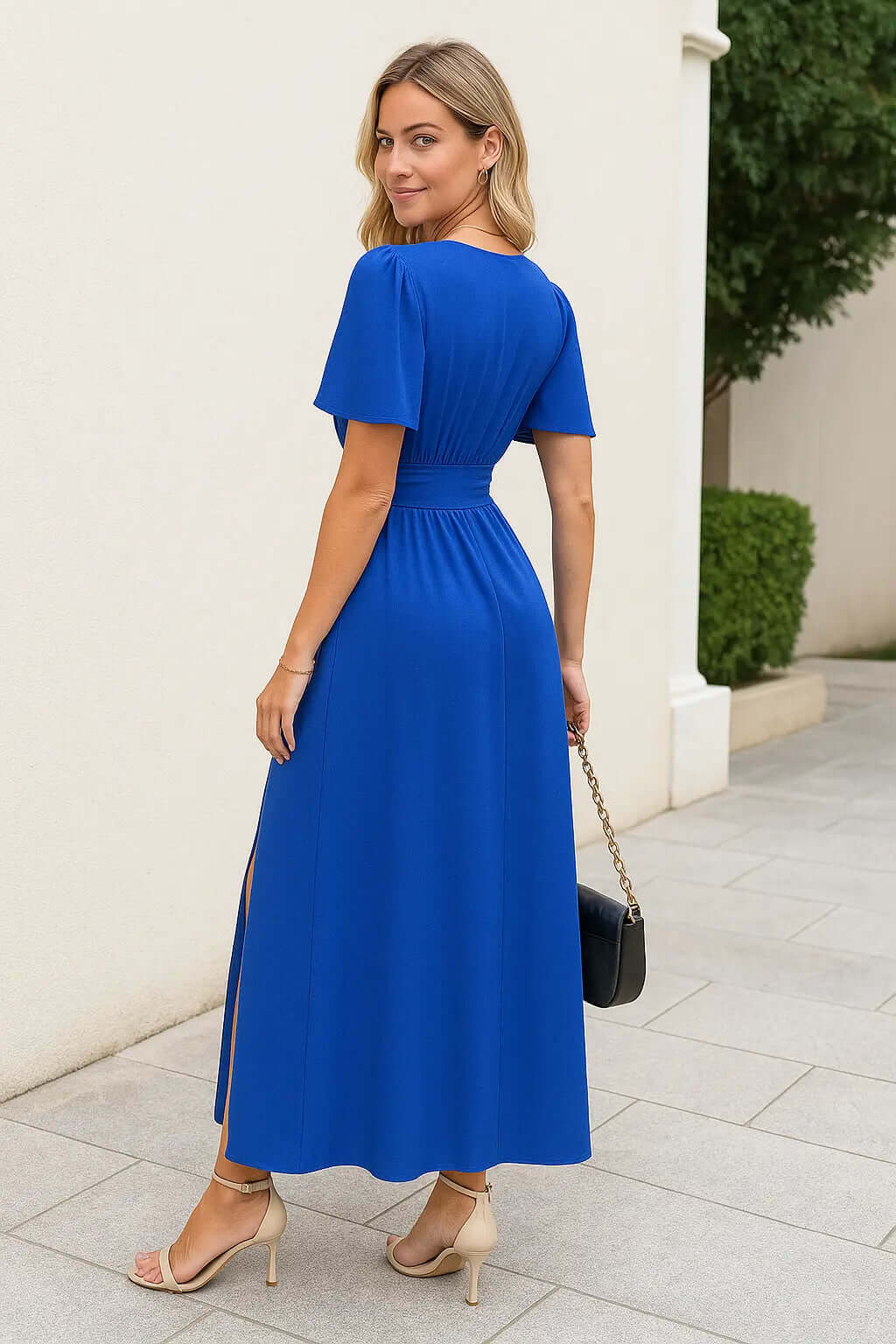 V-Neck A-Line Maxi Dress with Flutter Sleeves and Tie-Back Detail