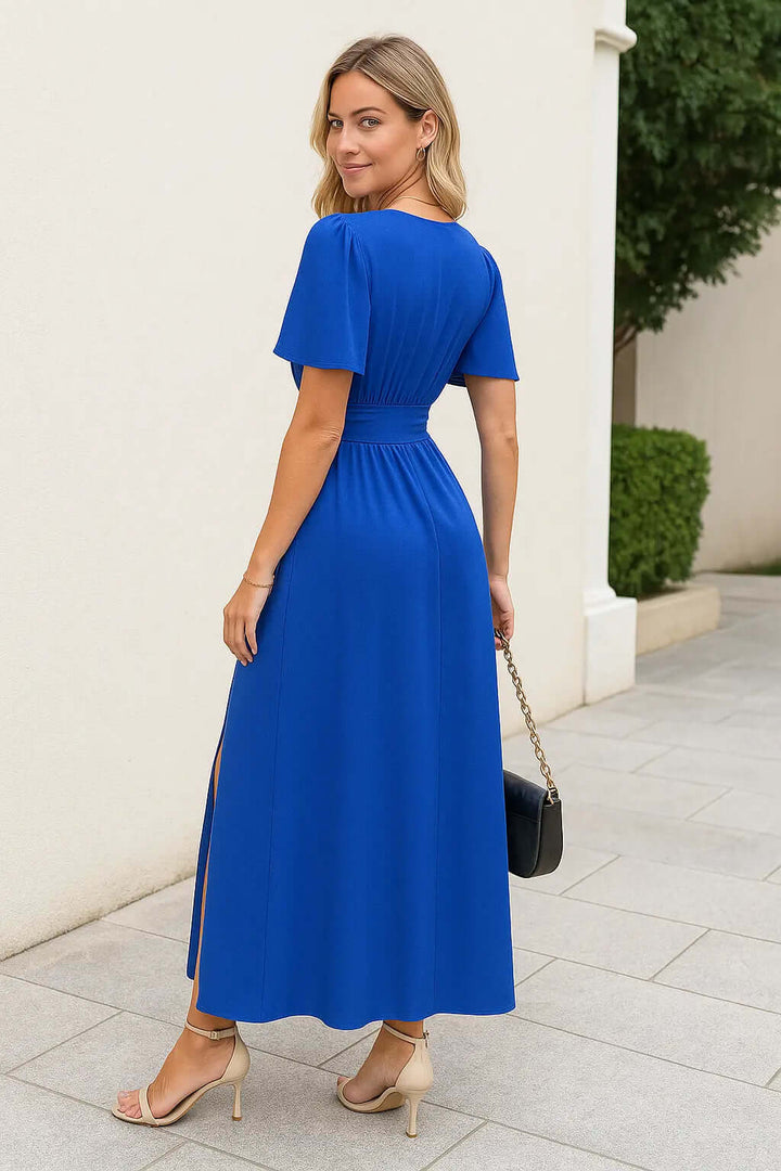 V-Neck A-Line Maxi Dress with Flutter Sleeves and Tie-Back Detail