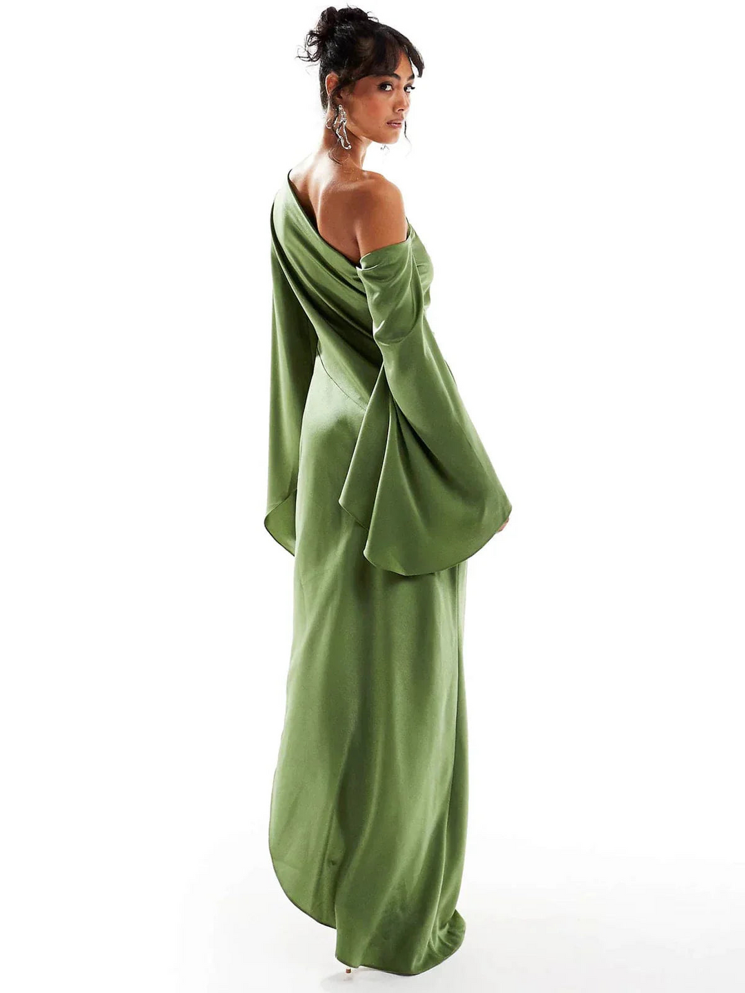 One-Shoulder Maxi Dress with Batwing Sleeve and Side Split Hem