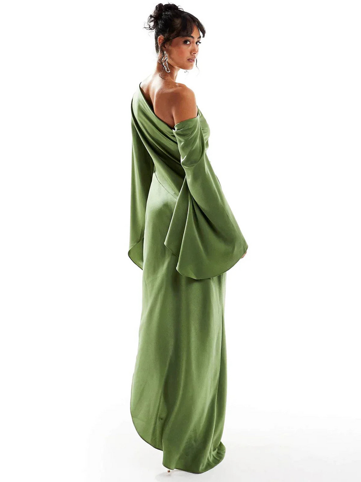One-Shoulder Maxi Dress with Batwing Sleeve and Side Split Hem