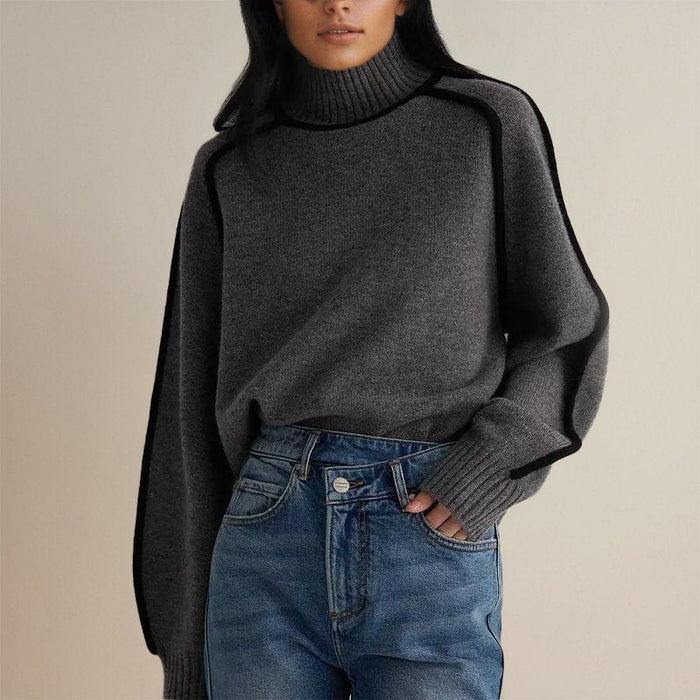 Contrast Trim Turtleneck Sweater with Long Sleeves