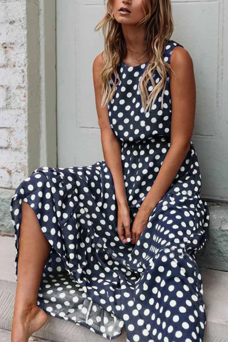 Polka Dot Maxi Dress with Round Neckline and Gathered Waist