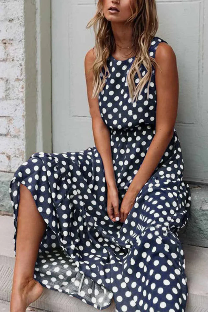 Polka Dot Maxi Dress with Round Neckline and Gathered Waist