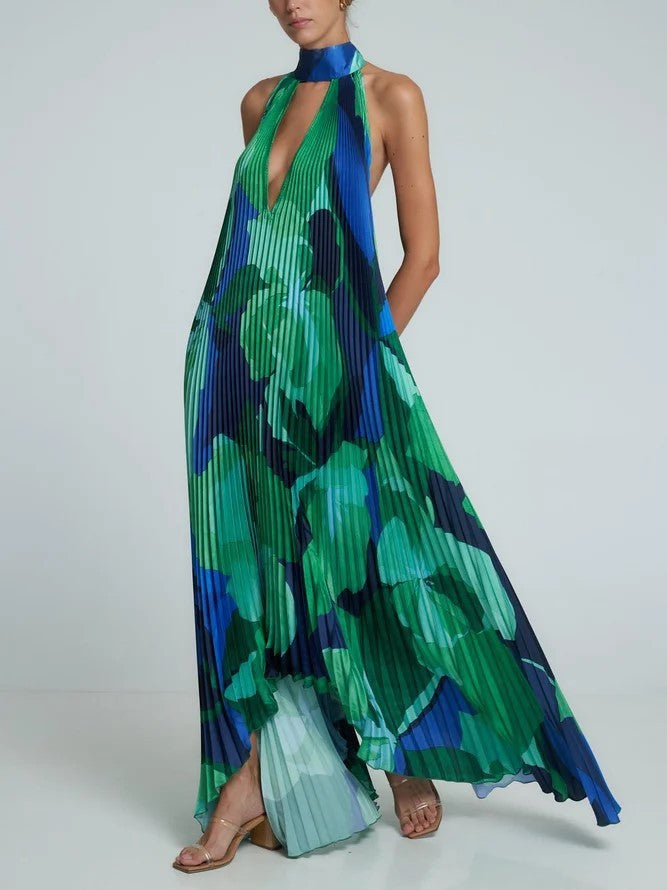Pleated Maxi Dress with Halter Neck and Deep V-Neckline