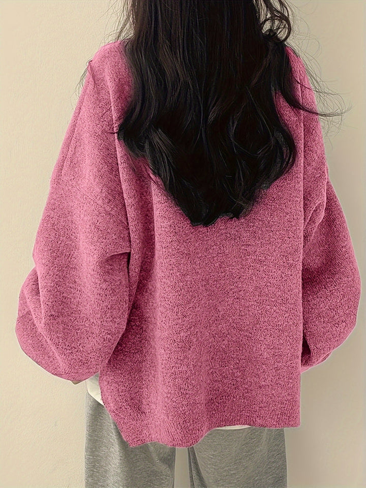 Oversized Knit Sweater with Round Neckline and Ribbed Finishes