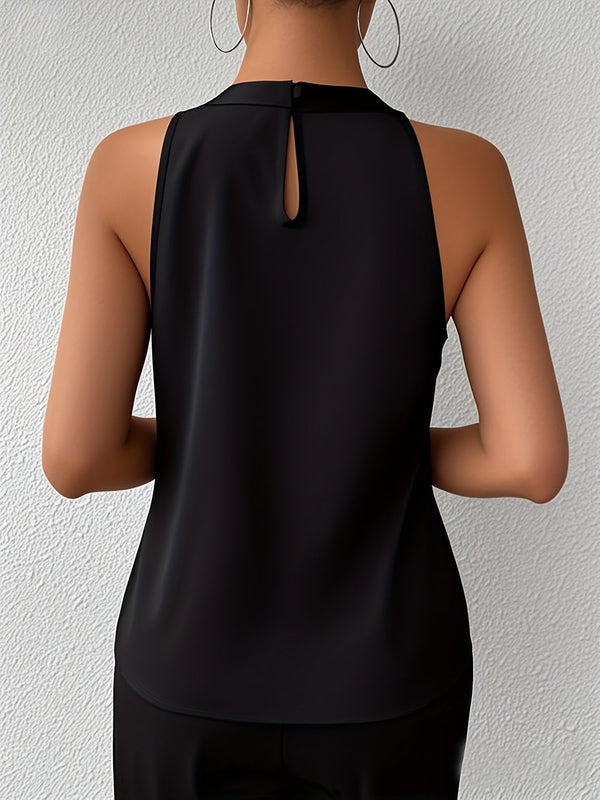 Sleeveless Halter Top with Pleated Neckline and Keyhole Back