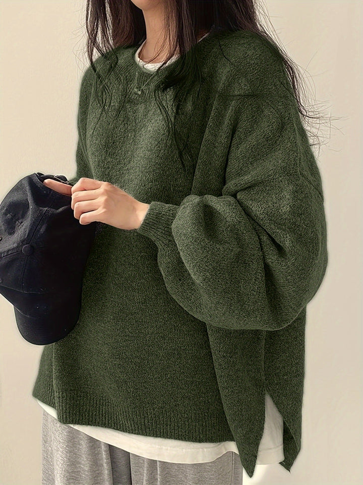 Oversized Knit Sweater with Round Neckline and Ribbed Finishes