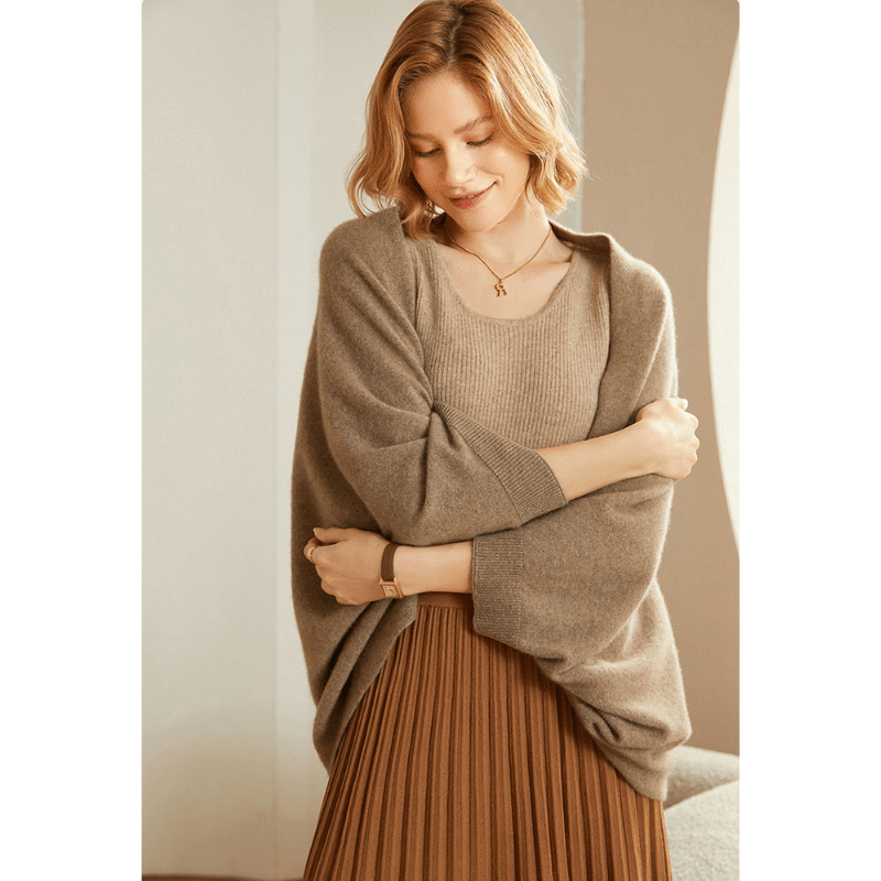 Open Front Knit Cardigan with Shawl Neckline and Ribbed Cuffs