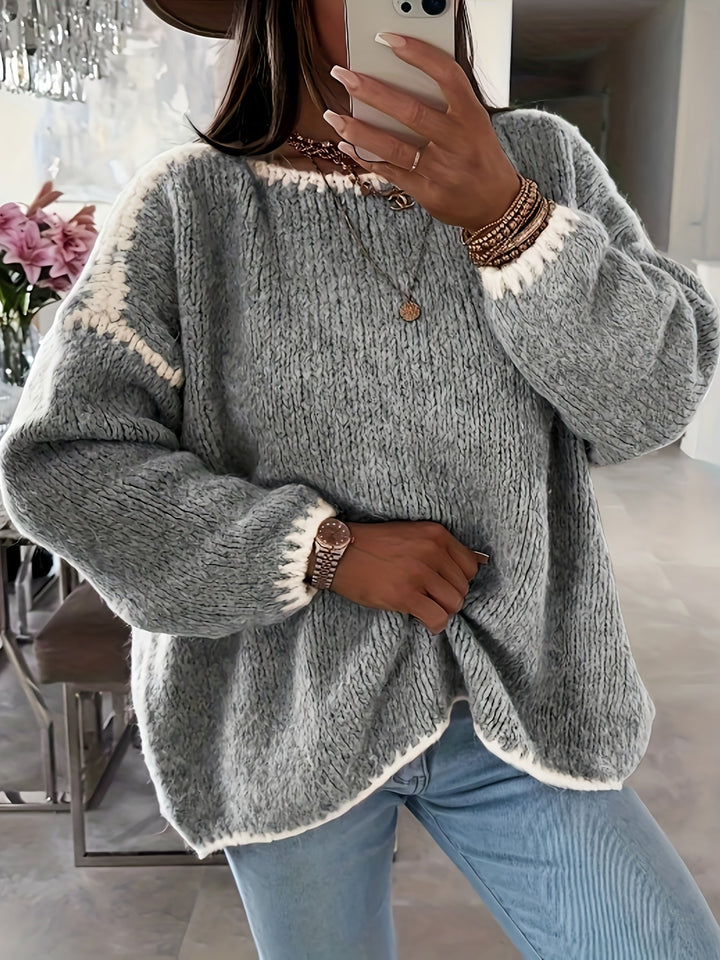 Round Neck Oversized Sweater with Contrast Stitching and Balloon Sleeves