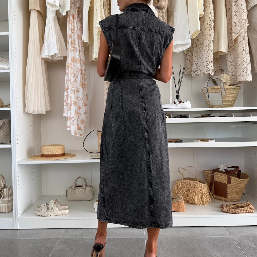 Shirt Collar Midi Dress with Full Button Closure and Tie Waist