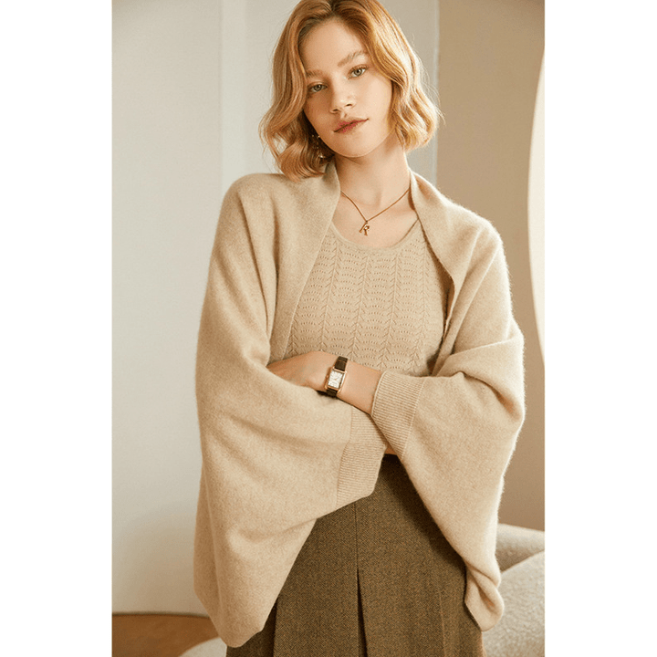 Open Front Knit Cardigan with Shawl Neckline and Ribbed Cuffs
