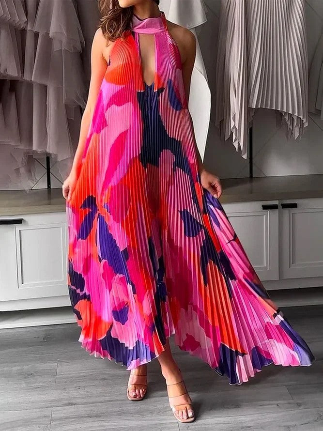 Pleated Maxi Dress with Halter Neck and Deep V-Neckline