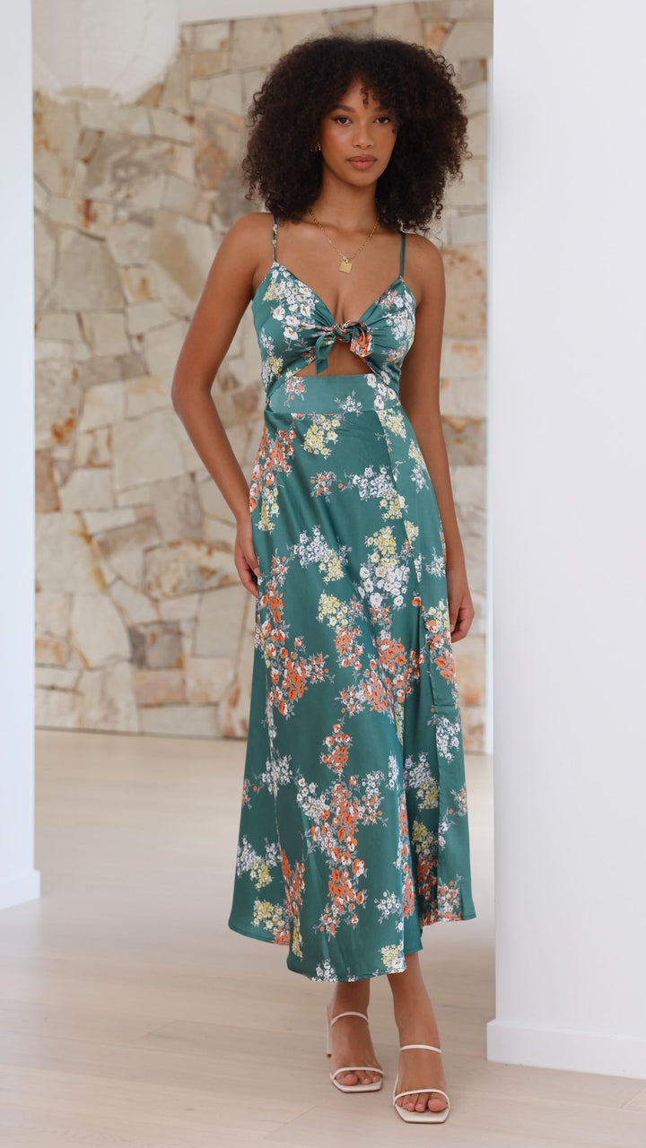 Midi Dress with Spaghetti Straps, V-Neckline and Front Slit