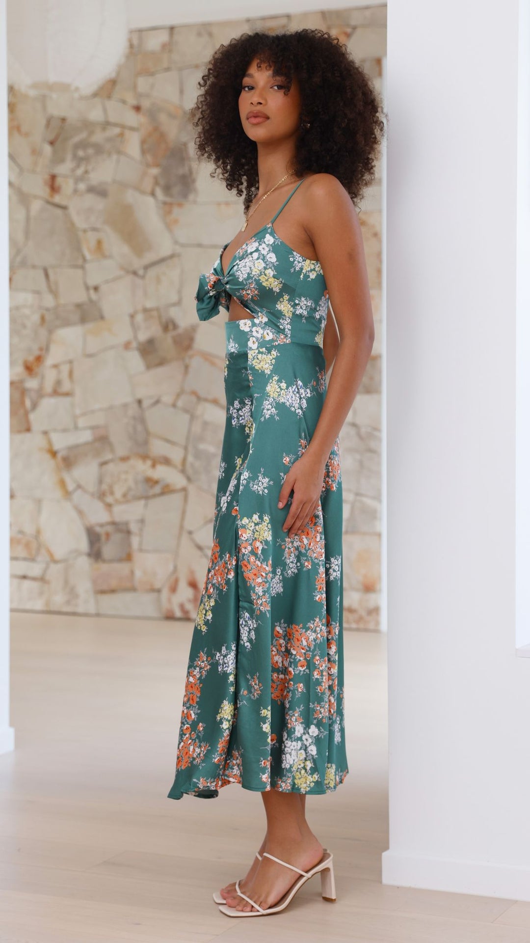 Midi Dress with Spaghetti Straps, V-Neckline and Front Slit