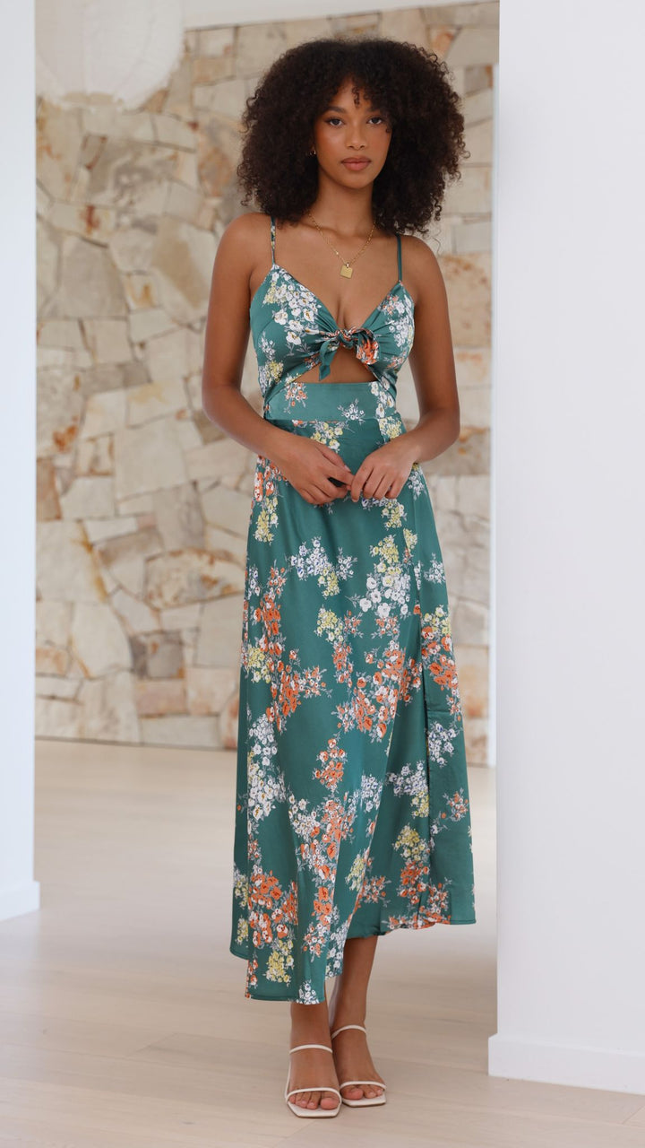 Midi Dress with Spaghetti Straps, V-Neckline and Front Slit