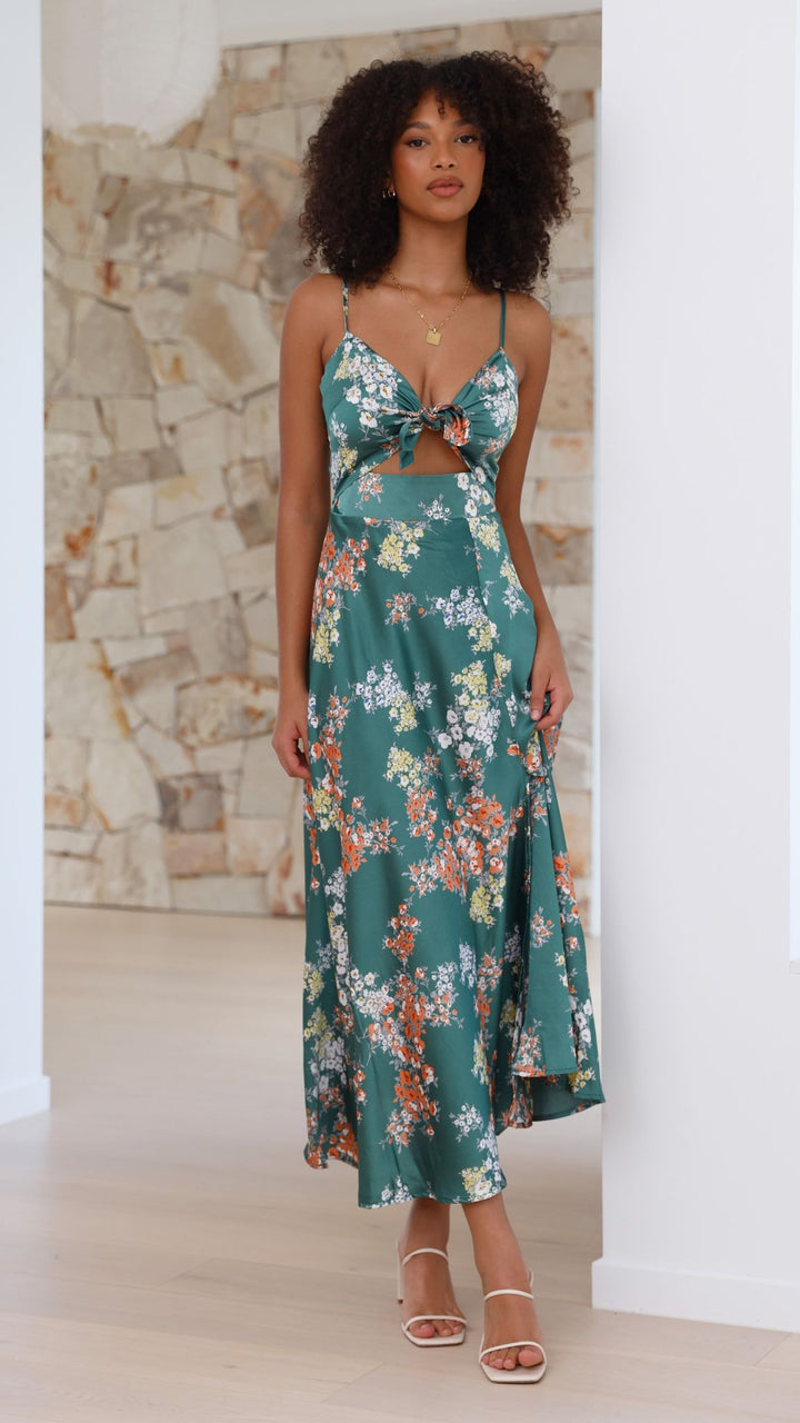 Midi Dress with Spaghetti Straps, V-Neckline and Front Slit