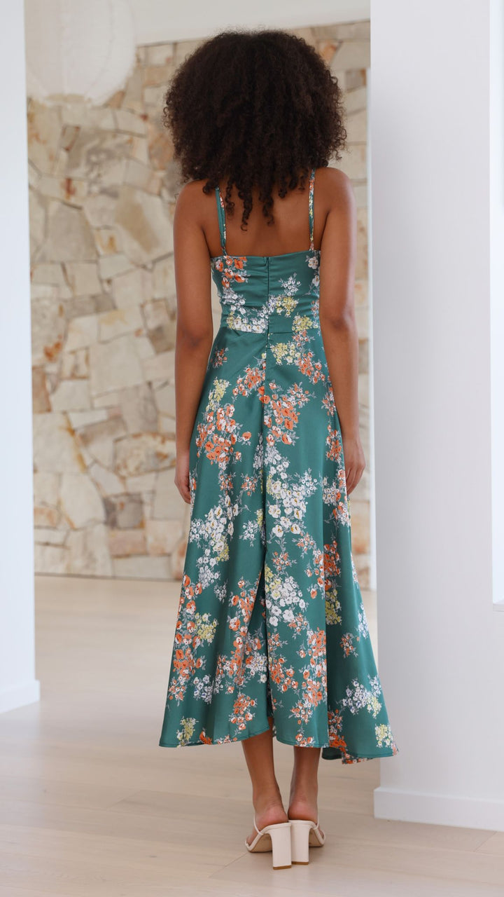 Midi Dress with Spaghetti Straps, V-Neckline and Front Slit