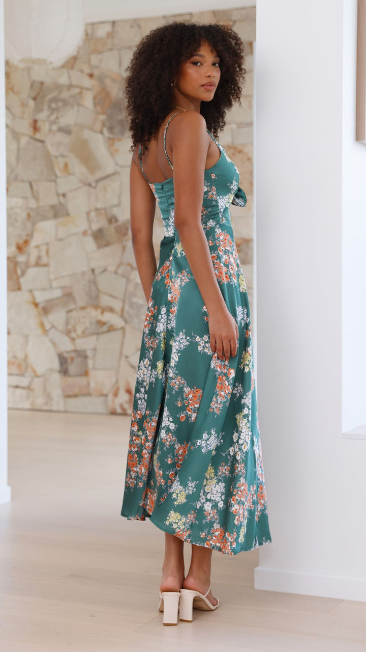Midi Dress with Spaghetti Straps, V-Neckline and Front Slit