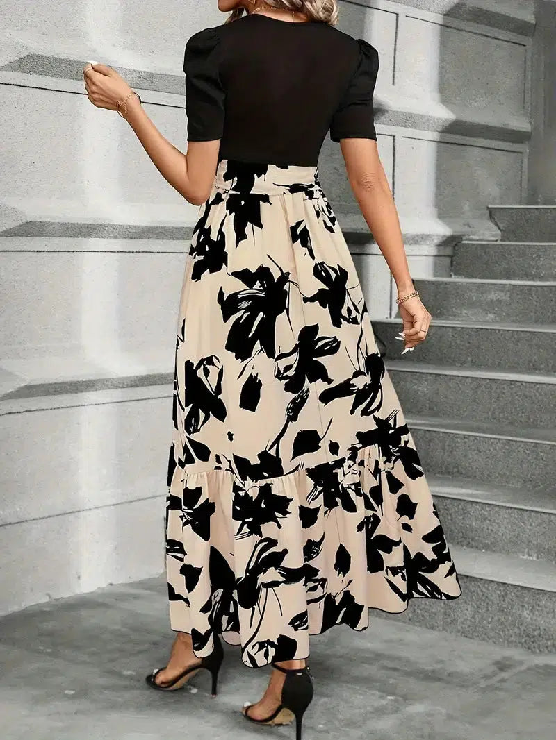 Puff Sleeve Tiered Maxi Dress with Round Neckline and Tie Waist