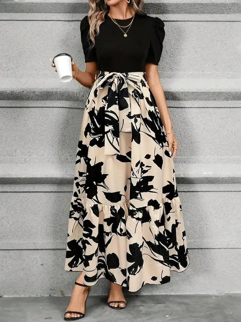 Puff Sleeve Tiered Maxi Dress with Round Neckline and Tie Waist
