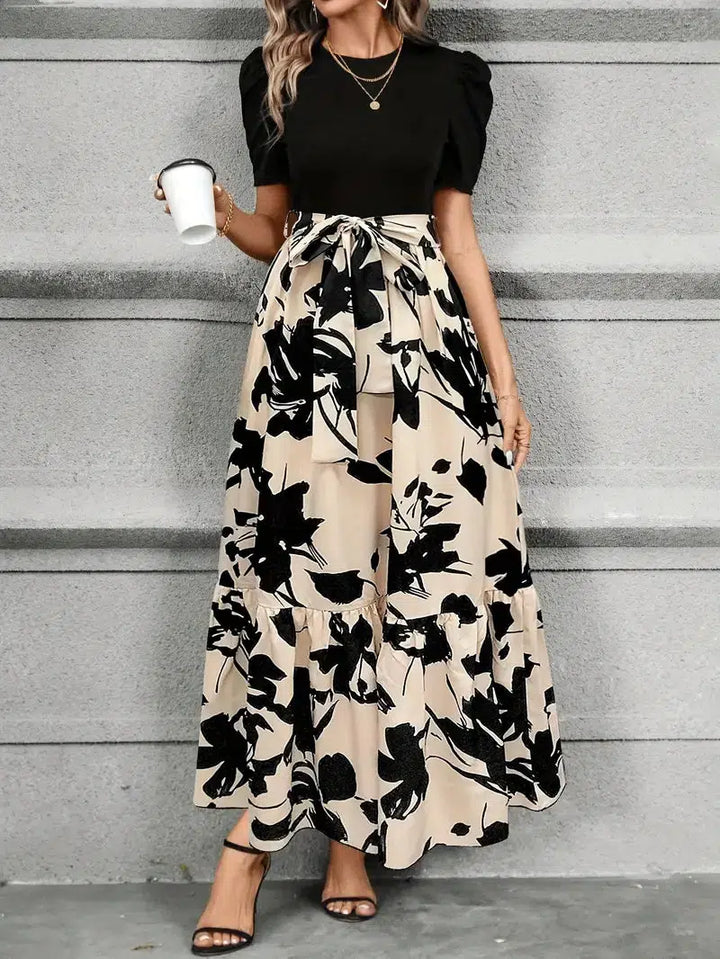 Puff Sleeve Tiered Maxi Dress with Round Neckline and Tie Waist