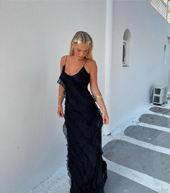 Ruffled Maxi Dress with Spaghetti Straps and Low Back Design