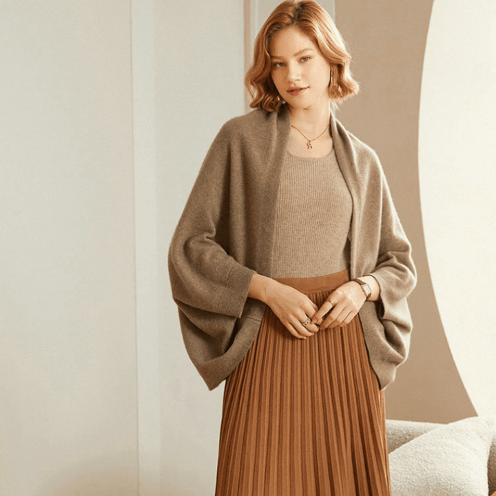 Open Front Knit Cardigan with Shawl Neckline and Ribbed Cuffs