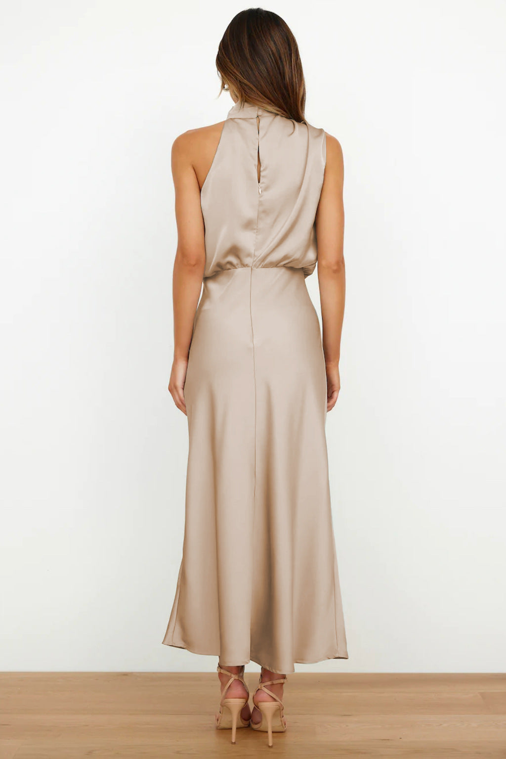 Halter Neck Midi Dress with Draped Cowl Bodice