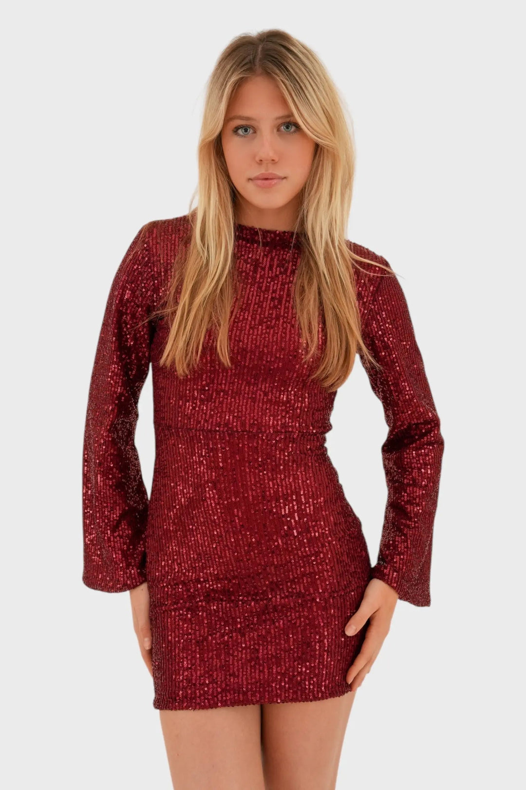 Mini Dress with Mock Neckline, Long Sleeves, and All-Over Sequins