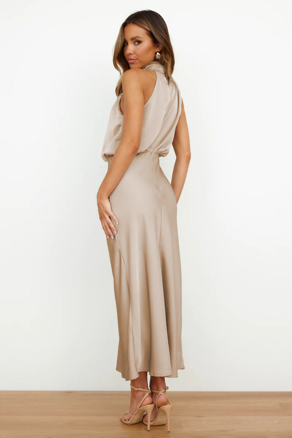 Halter Neck Midi Dress with Draped Cowl Bodice