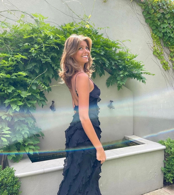Ruffled Maxi Dress with Spaghetti Straps and Low Back Design