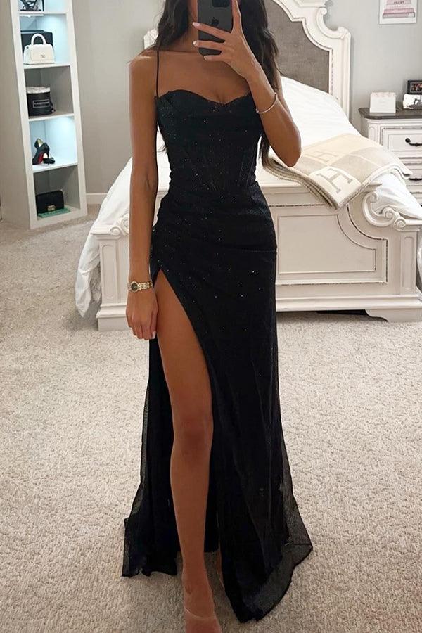 Glittery Evening Gown with Spaghetti Straps and a High Side Slit